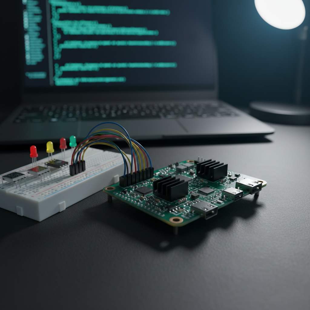 A close-up of a compact, open single-board computer on a dark matte desk, its green PCB densely populated with tiny components, heat sinks, and neatly routed traces. Fine jumper wires connect to a solderless breadboard beside it, where LEDs and small sensors are arranged in a tidy prototype. A dark laptop in the background is softly blurred, its screen showing an abstract terminal window of code. Cool, directional desk lamp lighting from the right creates crisp highlights on metal connectors and subtle shadows between components. Photographic realism, shot from a low, slightly angled perspective, with a focused, experimental atmosphere of hands-on building and learning.