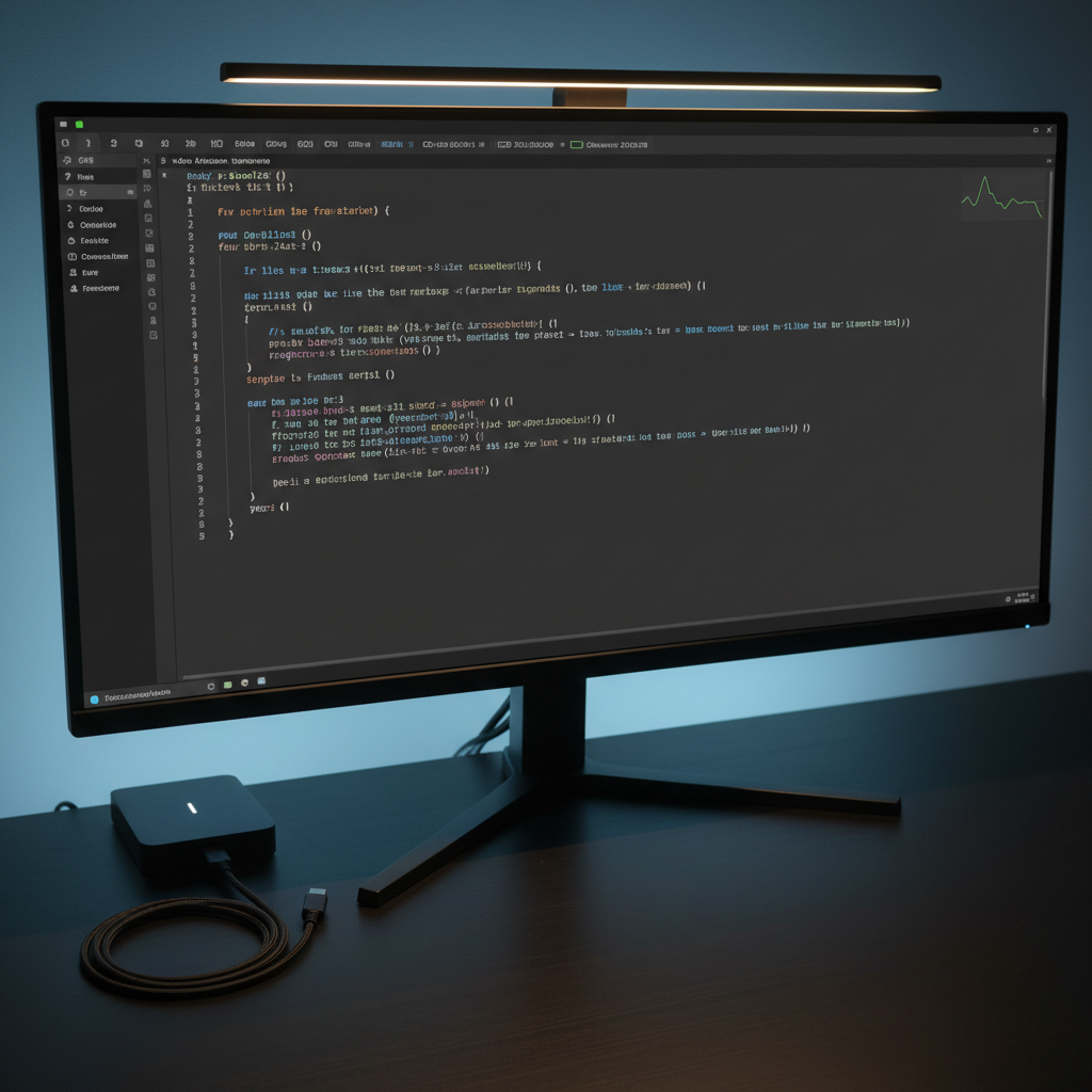 A minimalist dark theme code editor displayed on a high-resolution monitor, showing a well-structured function with comments and clear indentation, surrounded by a tiling window manager status bar and a small system monitor graph. The monitor stands on a clean black desk with a subtle texture, alongside a compact docking station and neatly coiled USB-C cable. Ambient backlighting glows softly behind the monitor in a cool blue gradient, contrasting with the warm overhead light that creates gentle reflections on the screen’s bezel. Photographic realism, framed using the rule of thirds with a slightly elevated angle, evoking a focused, professional, and modern software engineering environment.